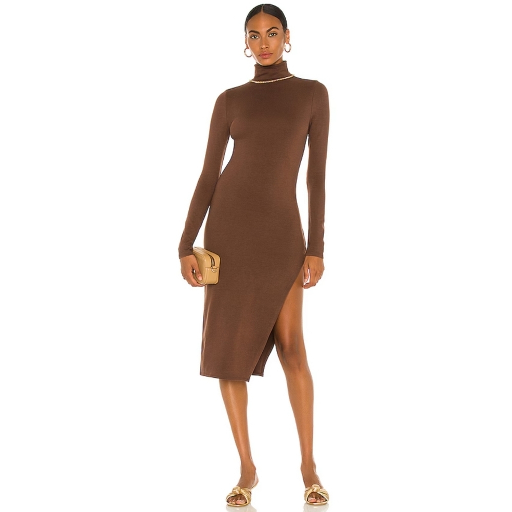 LPA Charlotte Mock Neck Slit Midi Dress Size XSmall Color Chocolate Brown